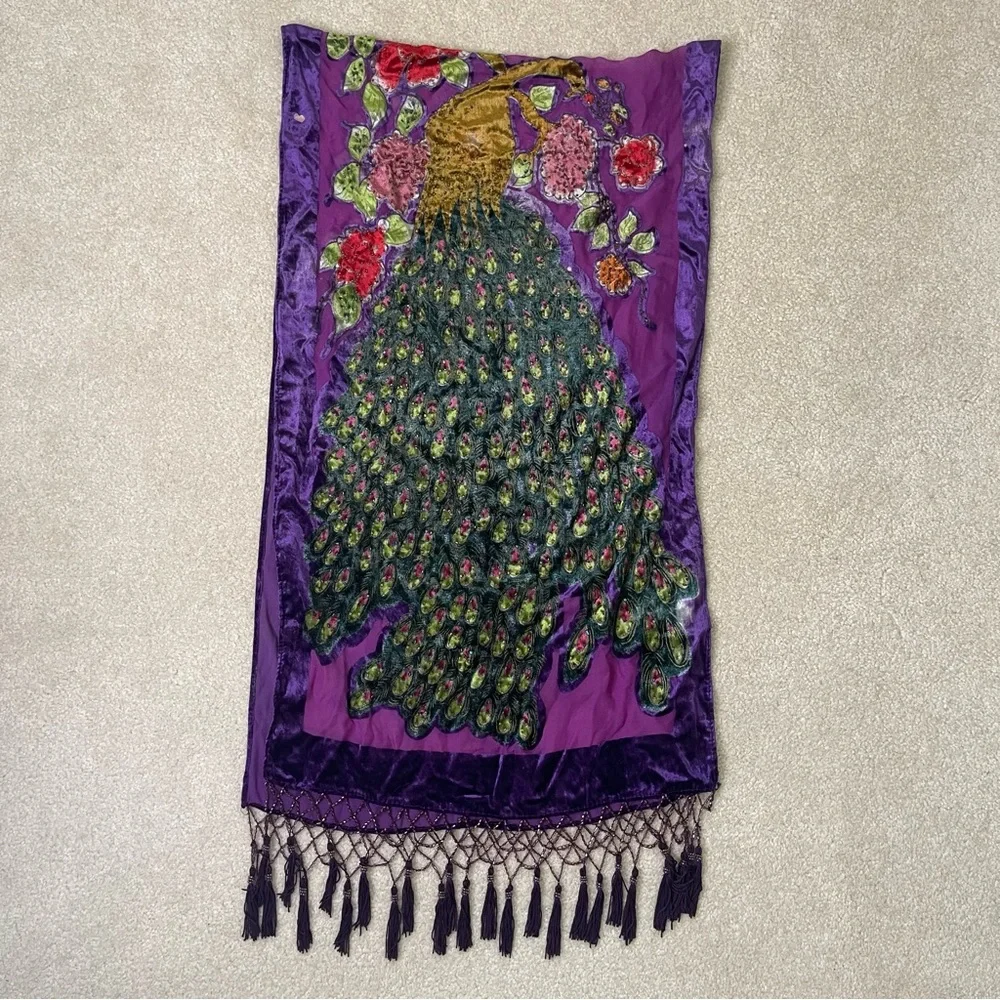 Peacock Velvet Silk Blend Burnout Wrap Scarf Shawl - beaded vintage purple - Picture 6 of 15
